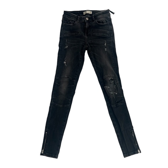 Zara Z1975 Basic Denim Black Skinny Distressed Straight Leg Jeans Size 3 Women’s - Picture 1 of 4